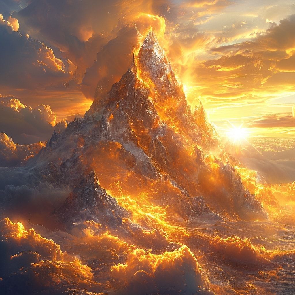 A solitary, razor-edged mountain peak erupts from a churning ocean of molten gold clouds at dawn, its frost-laden crest illuminated by an otherworldly radiance. The hyper-detailed 8K composition re...
