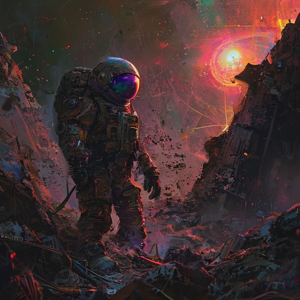 A lone scavenger in a tattered pressure suit picks through towering heaps of rusted alien wreckage under the eerie glow of a dying binary star, their helmet visor reflecting fractured neon hues. Th...