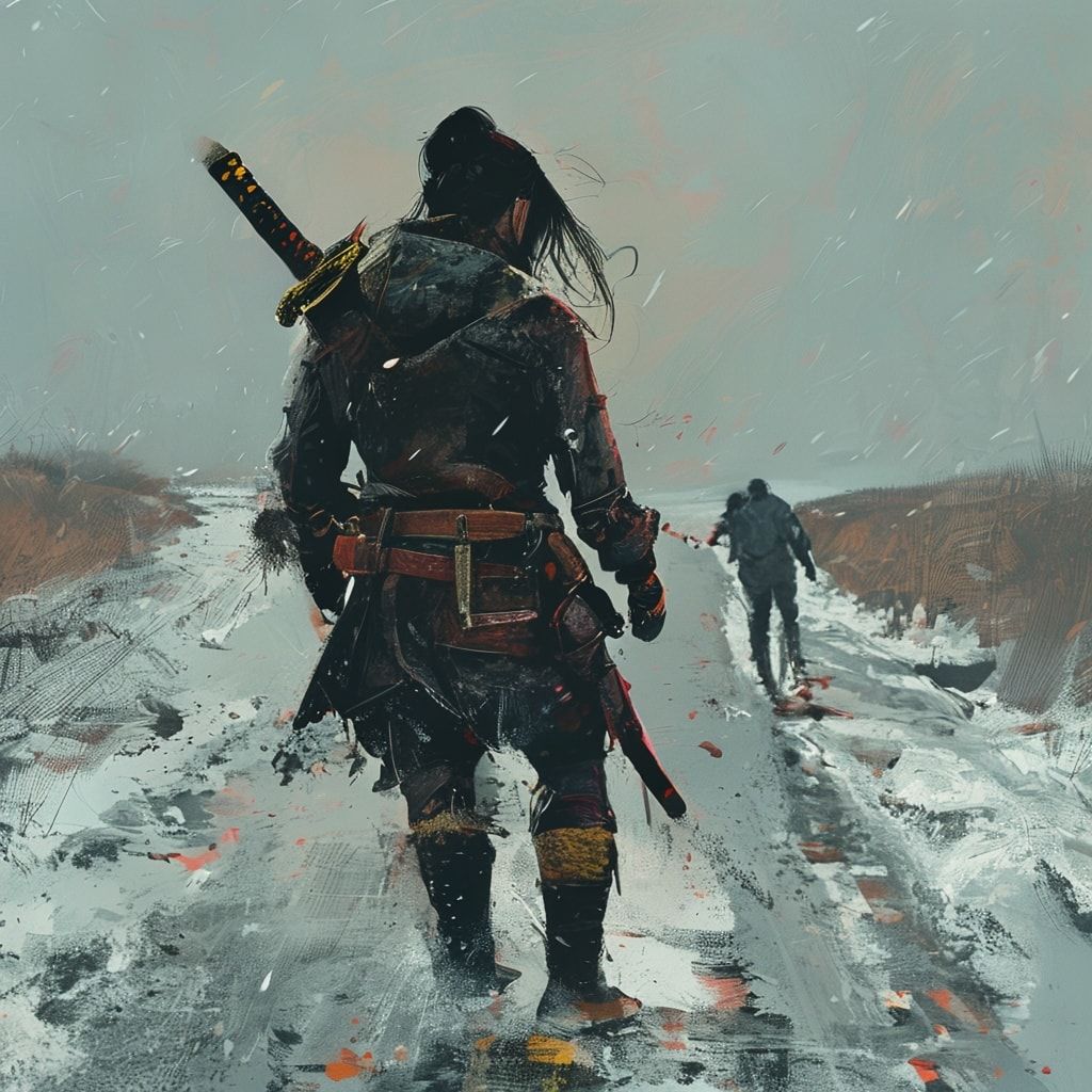 A solitary figure girl vinking with orc and so katana samurai in a worn leather jacket stands motionless on a desolate winter road, her back turned to the viewer, shoulders slightly hunched against the biting cold. The path stretches endless...