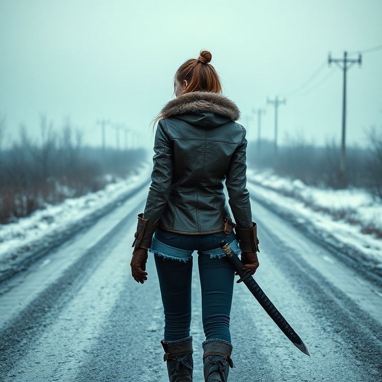 A solitary figure girl vinking with orc and so katana samurai in a worn leather jacket stands motionless on a desolate winter road, her back turned to the viewer, shoulders slightly hunched against the biting cold. The path stretches endless...