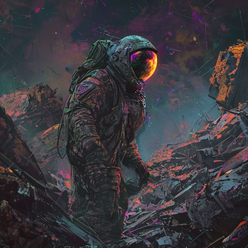A lone scavenger in a tattered pressure suit picks through towering heaps of rusted alien wreckage under the eerie glow of a dying binary star, their helmet visor reflecting fractured neon hues. Th...