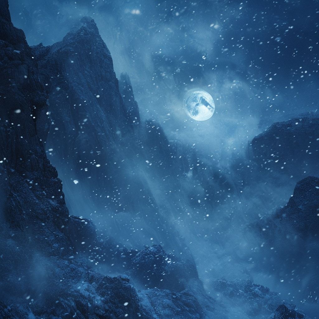 Cinematic composition, fantasy realism, deep blue and icy color palette, soft diffused moonlight, volumetric fog, subtle snowfall, ancient magic glow, dramatic depth, high detail textures, epic and melancholic mood