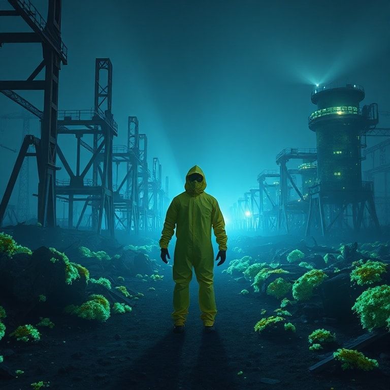 A lone figure in a hazmat suit stands amidst the skeletal remains of a nuclear power plant, bathed in the eerie glow of bioluminescent moss clinging to rusted metal. The minimalist composition emph...
