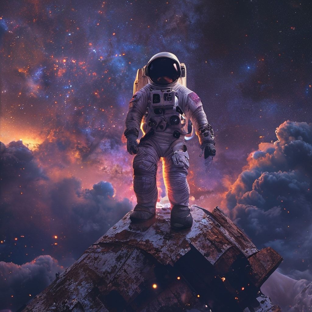 A lone astronaut in a tattered spacesuit stands atop a rusted satellite, gazing at a distant nebula, bathed in the eerie glow of a dying star. Hyper-detailed sci-fi realism, cinematic lighting with...