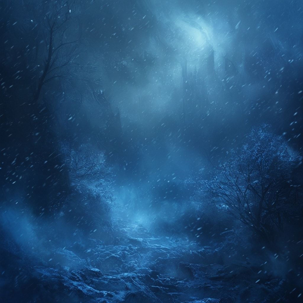 Cinematic composition, fantasy realism, deep blue and icy color palette, soft diffused moonlight, volumetric fog, subtle snowfall, ancient magic glow, dramatic depth, high detail textures, epic and melancholic mood