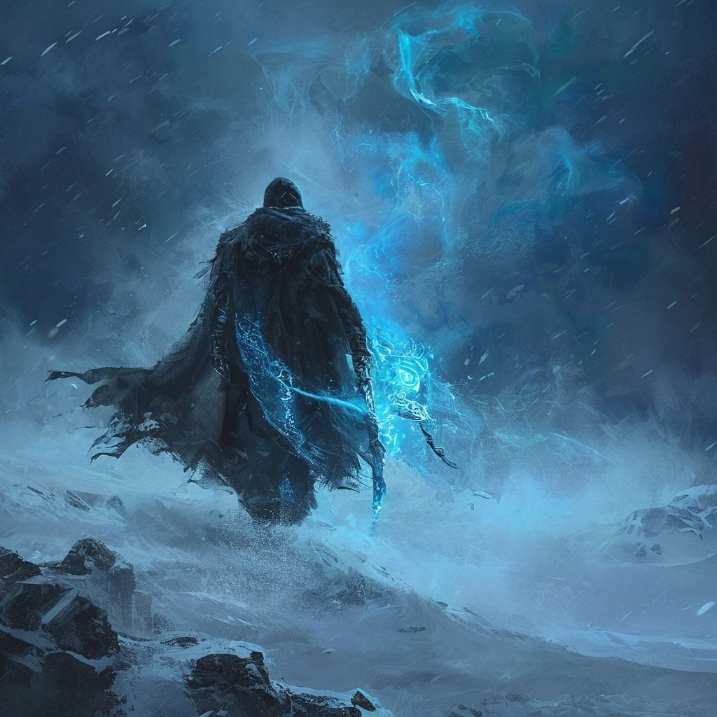A lone Celtic warrior-mage stands in a frozen wasteland, his glowing staff carved with ancient runes casting an eerie light through the swirling blue mist. His heavy cloak billows in the icy wind, ...