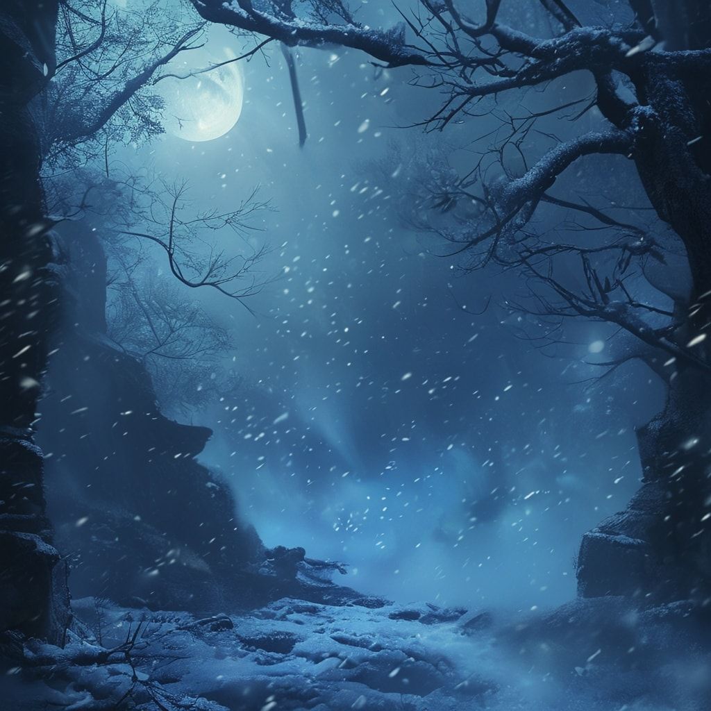 Cinematic composition, fantasy realism, deep blue and icy color palette, soft diffused moonlight, volumetric fog, subtle snowfall, ancient magic glow, dramatic depth, high detail textures, epic and melancholic mood