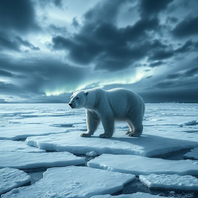 A lone polar bear stands on a fractured ice floe under a stormy Arctic sky, its fur glistening with frost, backlit by the eerie glow of a distant aurora. The high-contrast black-and-white compositi...