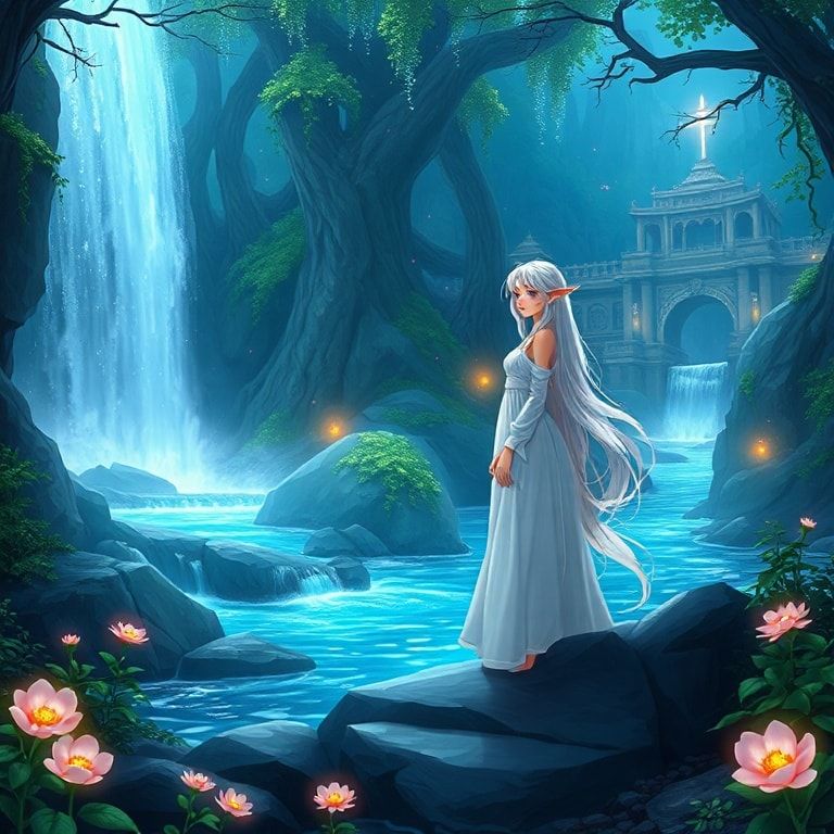 Elven sacred waterfall fantasy landscape, beautiful elven maiden with long flowing silver hair standing gracefully near mystical waterfall in sacred grove, crystal-clear water cascading down ancient rocks, rainbow mist rising from waterfall, ethereal light filtering through ancient trees, glowing flowers surrounding the sacred pool, mystical energy particles floating in air, ancient elven architecture visible in background, ethereal blue and green lighting, magical atmosphere, cinematic composition, cartoon style, anime art style, fantasy art style, peaceful and mystical mood, detailed and atmospheric, mystical glowing vines, dewdrops on leaves, elegant elven woman in flowing white dress, serene expression, ethereal beauty, animated style, vibrant colors
