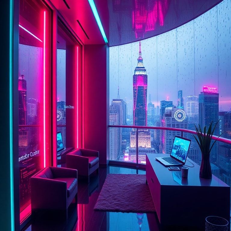 A sleek, high-tech apartment bathed in neon glow, holographic interfaces flickering across glass surfaces, rain-streaked windows reflecting the city’s towering skyline, dim ambient lighting casting...