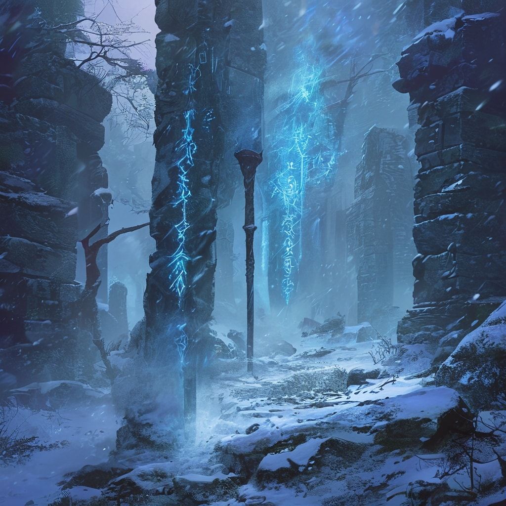 Icy runes shimmer faintly along the staff and in the air around him. Deep blue winter fog surrounds the scene, drifting through snow-covered ground and distant stone ruins