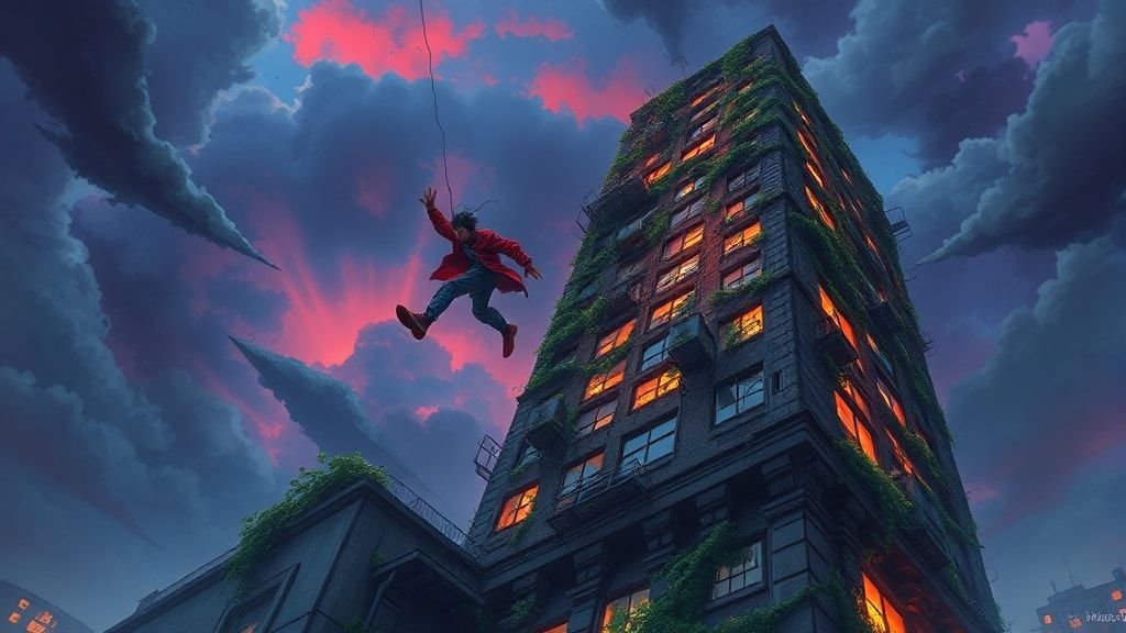 A towering, vine-choked skyscraper looms under a stormy twilight sky, its shattered windows glowing with eerie neon. A lone shonen hero, clad in a tattered red jacket, leaps between crumbling balco...
