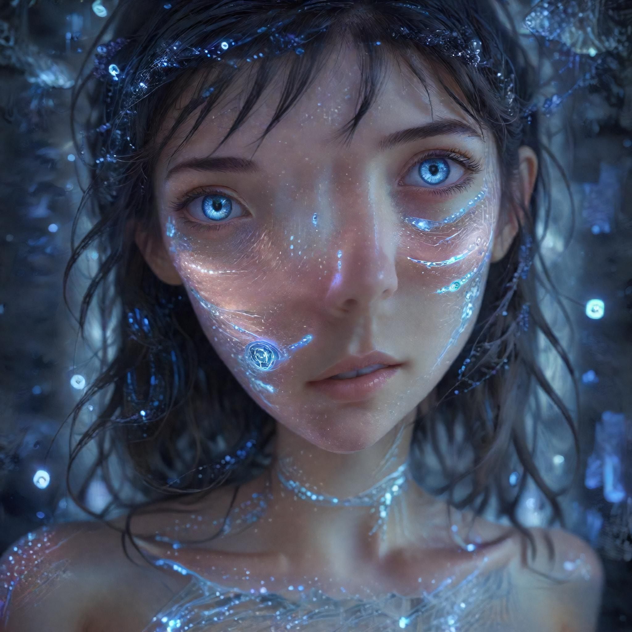 A glowing, ethereal anime girl with neon-blue circuits pulsing through her translucent skin floats in a vast digital void, her oversized kawaii eyes reflecting fractured code. Soft pastel hues blen...