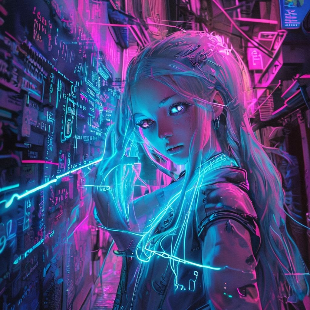A vibrant anime girl with glowing pastel hair interacts with a floating holographic interface, her fingers tracing neon-blue data streams in a cyberpunk alley bathed in pink and teal neon lights, r...
