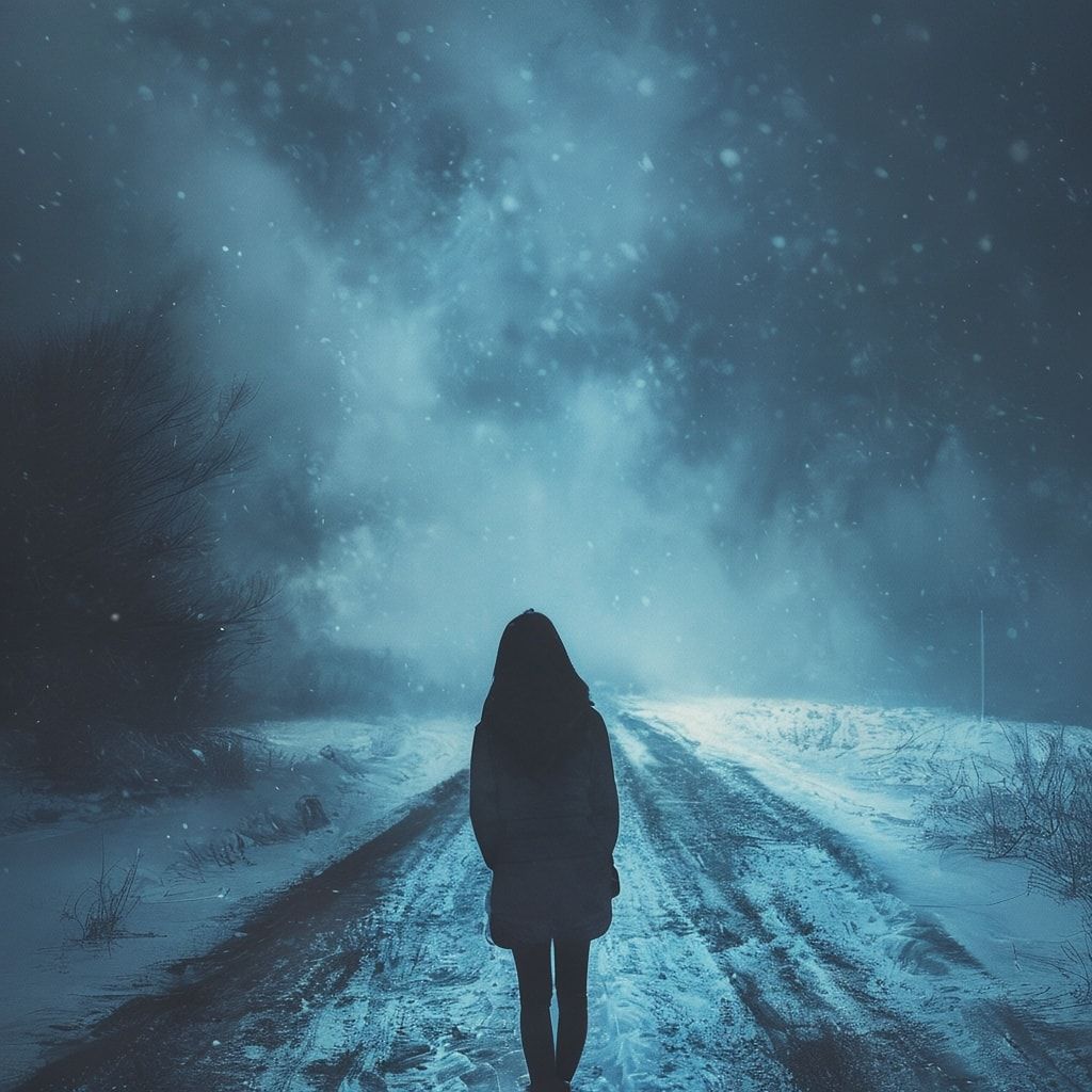 A young woman stands with her back turned, facing away from the viewer, on a desolate winter road covered in fresh snow. The road stretches into the distance, disappearing into a mysterious blue fog that looms ahead, creating an ethereal and atmospheric scene. The ambient lighting is soft and diffused, with cool blue and white tones dominating the palette. Snowflakes gently fall, adding to the dreamlike quality. The fog has a luminous blue glow, creating depth and mystery. The composition is cinematic and moody, with the woman as a silhouette against the winter landscape. The style is ambient and atmospheric, with soft focus and a