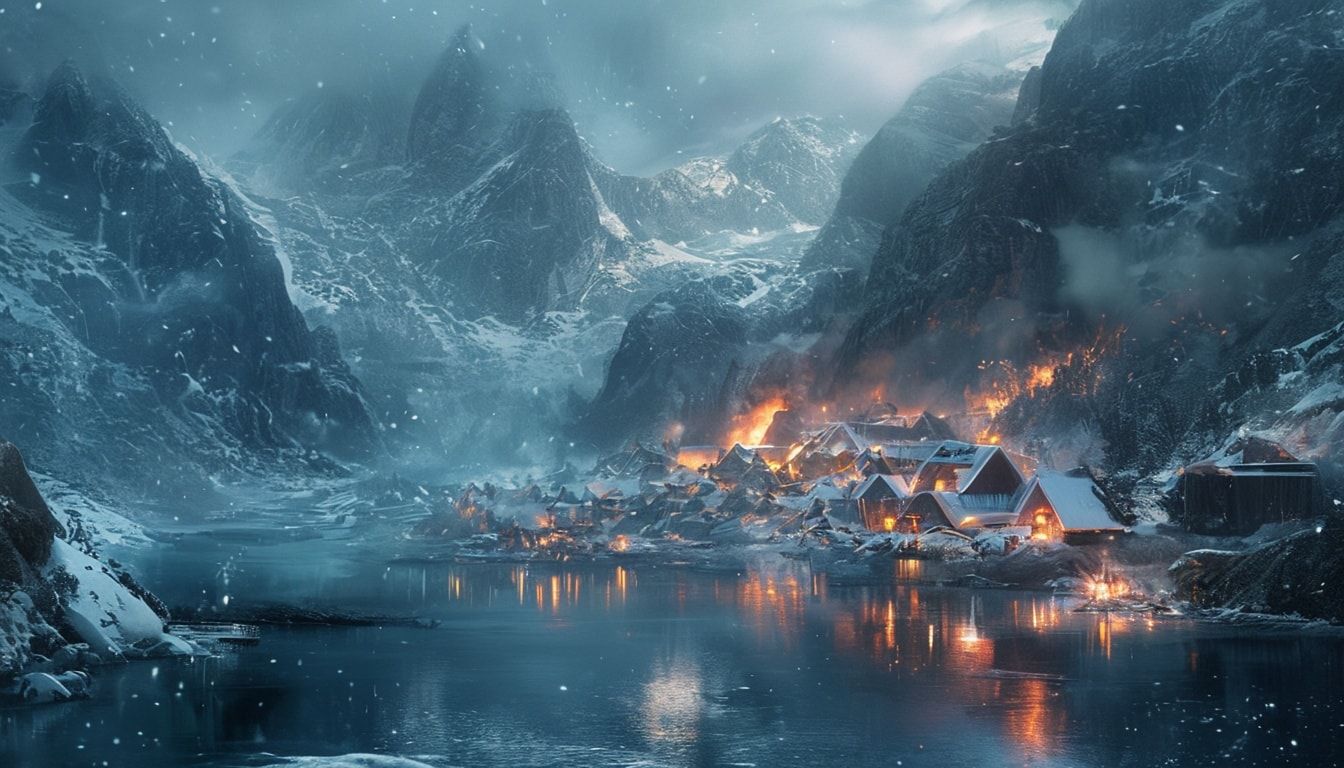 Frost-covered fjord surrounded by snow-capped mountains, Viking settlement with glowing fires, mystical fog rolling through the valley, fantasy atmosphere, detailed, atmospheric