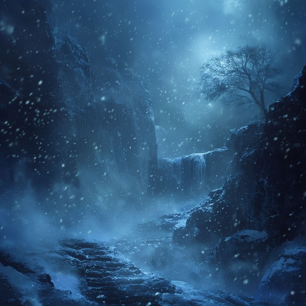 Cinematic composition, fantasy realism, deep blue and icy color palette, soft diffused moonlight, volumetric fog, subtle snowfall, ancient magic glow, dramatic depth, high detail textures, epic and melancholic mood