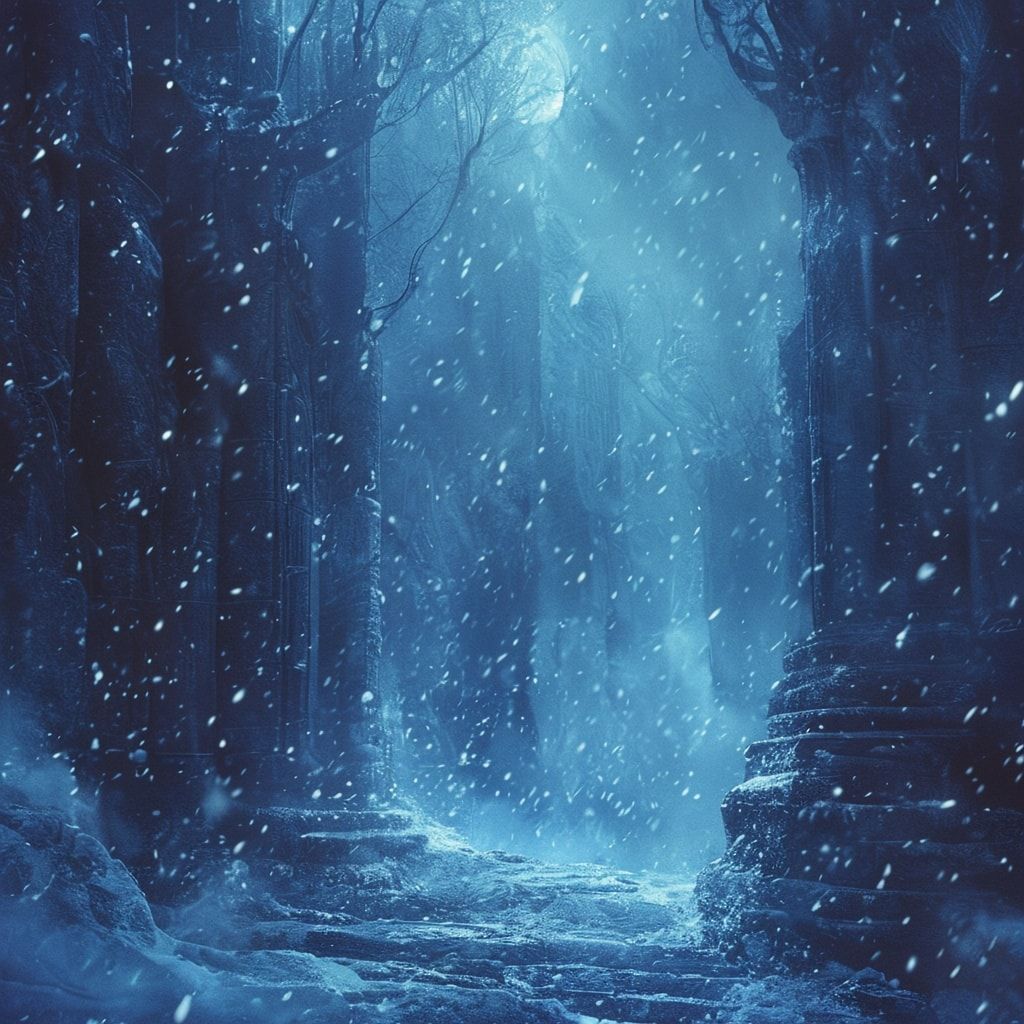 Cinematic composition, fantasy realism, deep blue and icy color palette, soft diffused moonlight, volumetric fog, subtle snowfall, ancient magic glow, dramatic depth, high detail textures, epic and melancholic mood