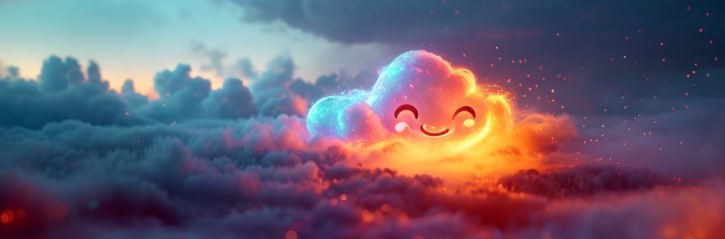 A sleek, futuristic logo of a cloud with a friendly, glowing face emerges from a soft mist, its edges shimmering with iridescent hues. The scene is set in a minimalist digital landscape at twilight...