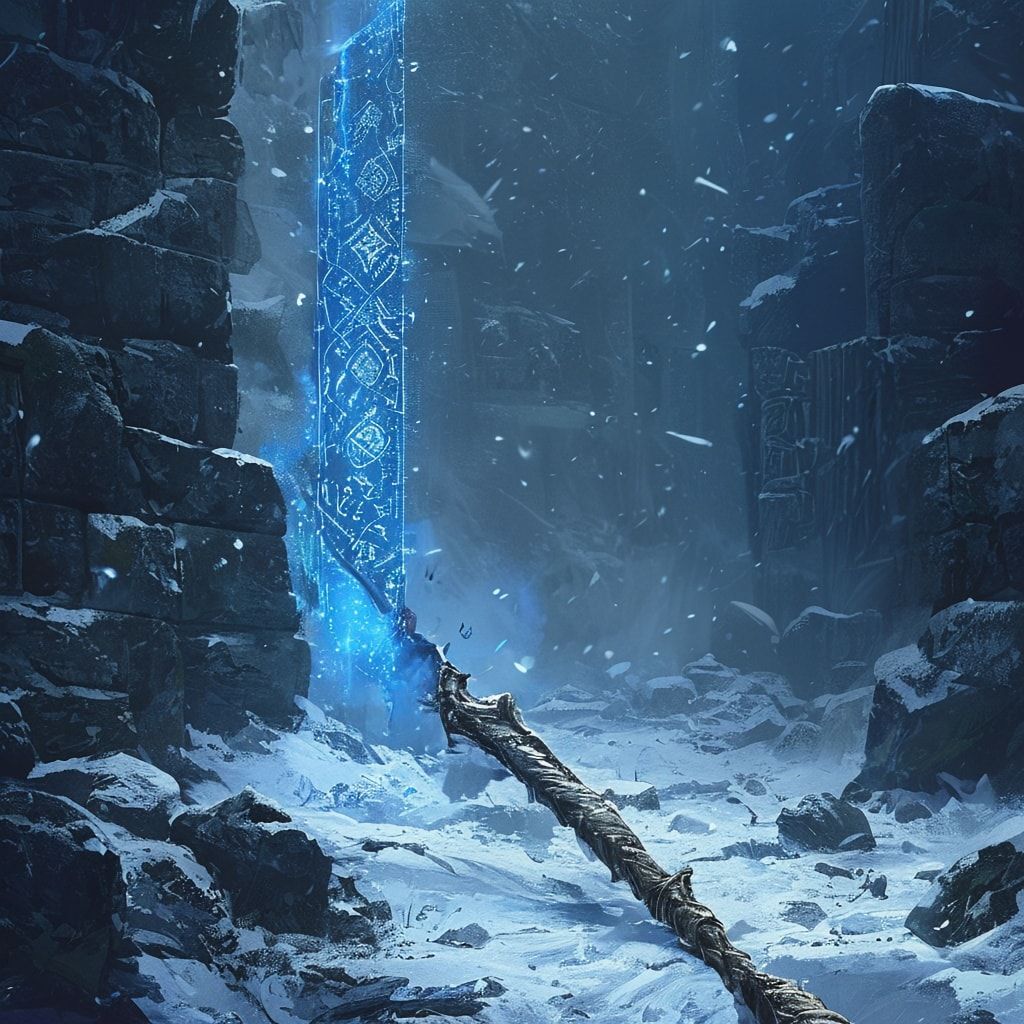 Icy runes shimmer faintly along the staff and in the air around him. Deep blue winter fog surrounds the scene, drifting through snow-covered ground and distant stone ruins