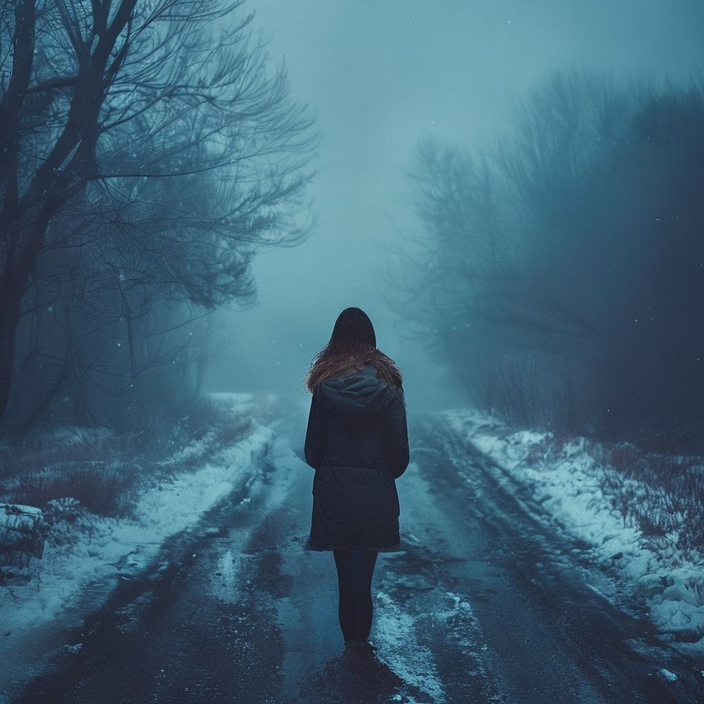 A girl with her back turned stands in a jacket on a winter road, an atmosphere of melancholy, loneliness and blue fog everywhere, as in dark ambient