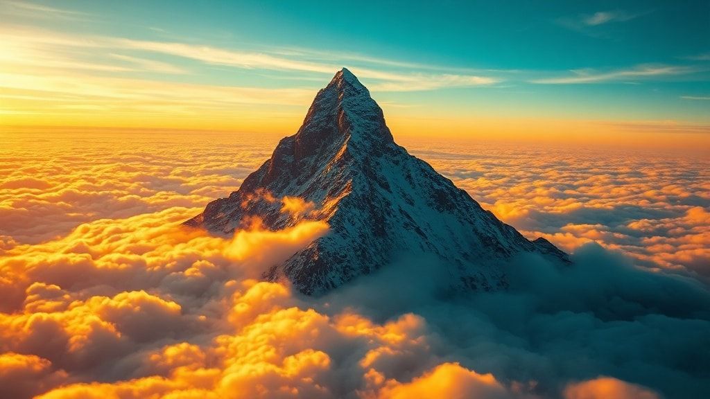 A solitary, razor-edged mountain peak erupts from a churning ocean of molten gold clouds at dawn, its frost-laden crest illuminated by an otherworldly radiance. The hyper-detailed 8K composition re...