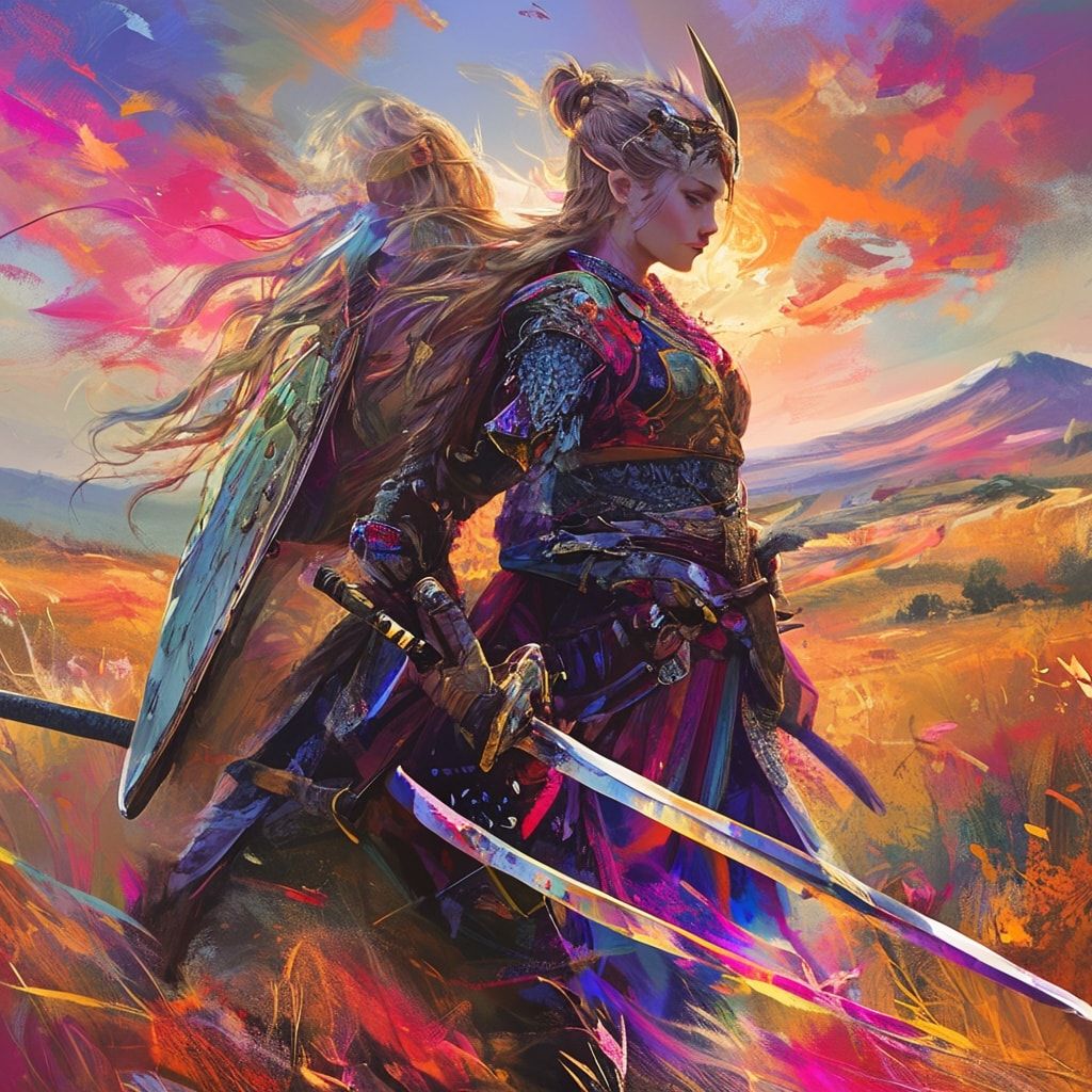 girl viking with girl elf wither landscape warrior samurai katana
