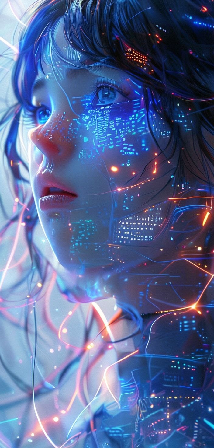 A glowing, ethereal anime girl with neon-blue circuits pulsing through her translucent skin floats in a vast digital void, her oversized kawaii eyes reflecting fractured code. Soft pastel hues blen...