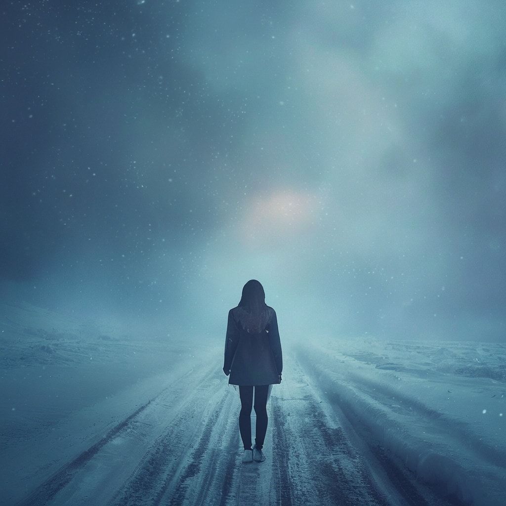 A young woman stands with her back turned, facing away from the viewer, on a desolate winter road covered in fresh snow. The road stretches into the distance, disappearing into a mysterious blue fog that looms ahead, creating an ethereal and atmospheric scene. The ambient lighting is soft and diffused, with cool blue and white tones dominating the palette. Snowflakes gently fall, adding to the dreamlike quality. The fog has a luminous blue glow, creating depth and mystery. The composition is cinematic and moody, with the woman as a silhouette against the winter landscape. The style is ambient and atmospheric, with soft focus and a