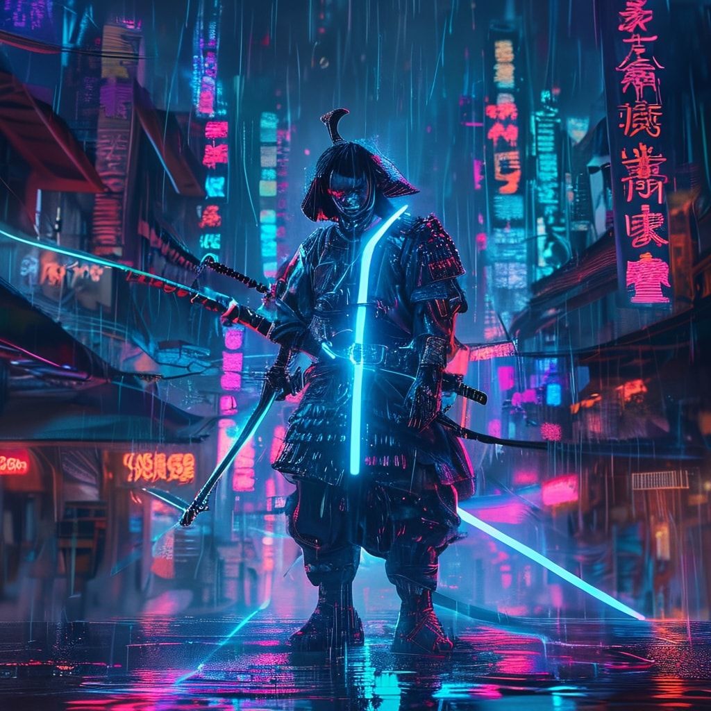 "Cyberpunk samurai standing under neon rain, katana glowing with blue energy, futuristic cityscape in the background, ultra-detailed, cinematic lighting."