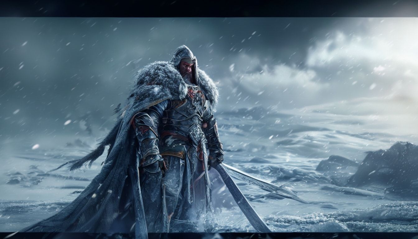 warrior-mage stands in a frozen landscape