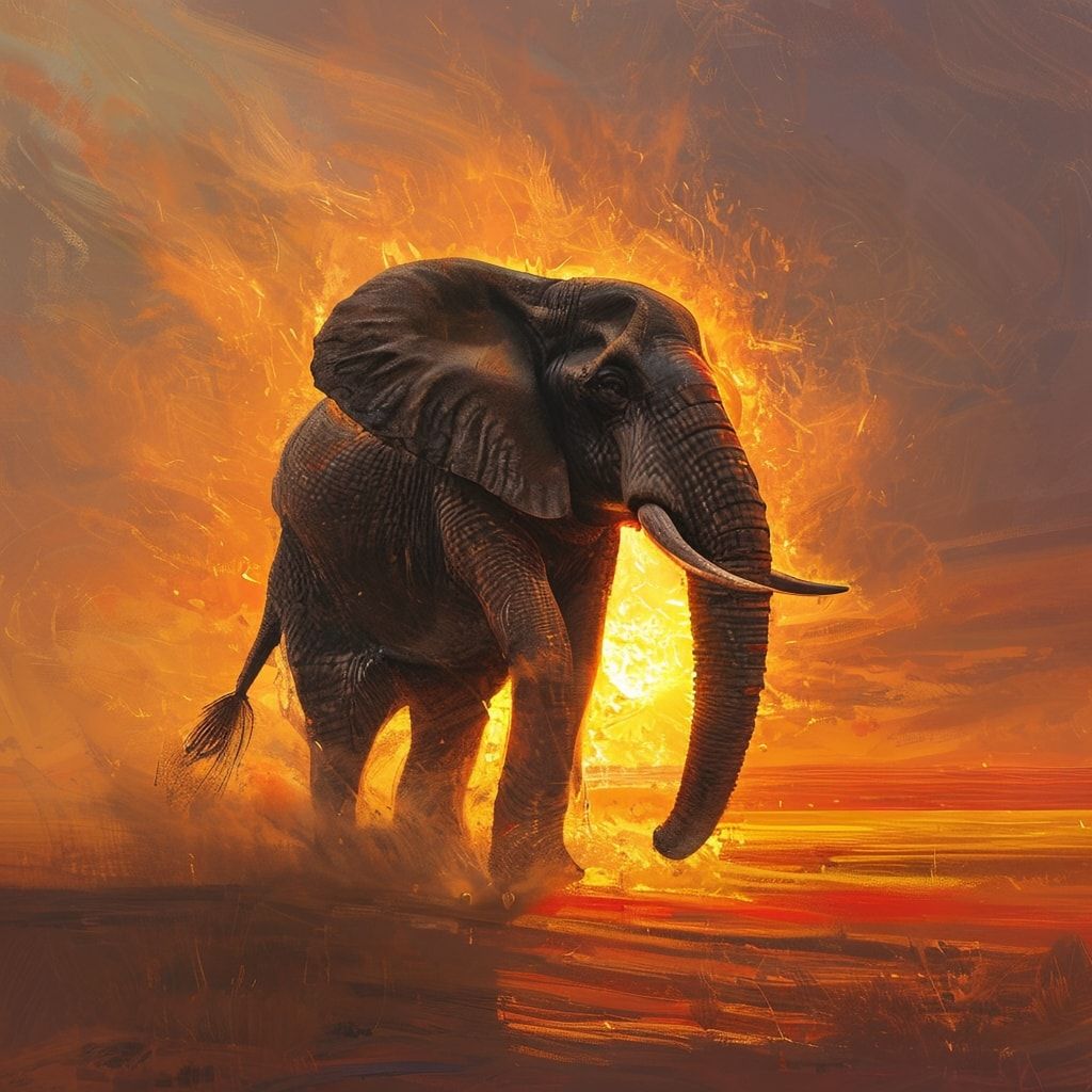 A towering elephant stands motionless on the sun-scorched plains, its powerful silhouette framed by a blazing horizon. The air shimmers with heat, kicking up swirling dust that catches the last emb...