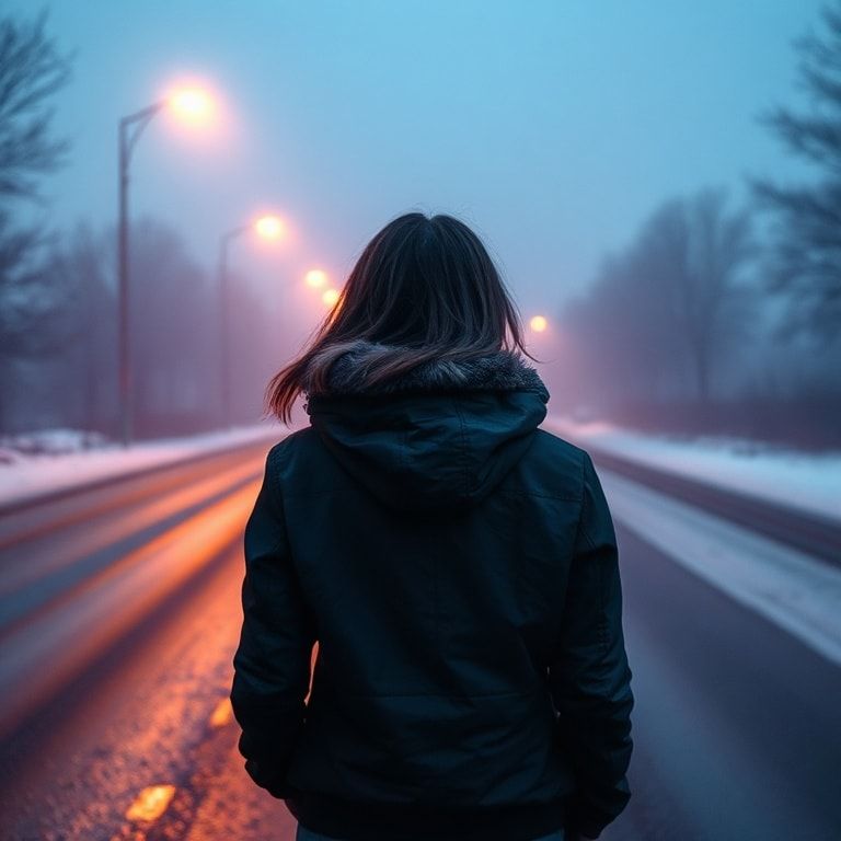 A girl with her back turned stands in a jacket on a winter road, an atmosphere of melancholy, loneliness and blue fog everywhere, as in dark ambient