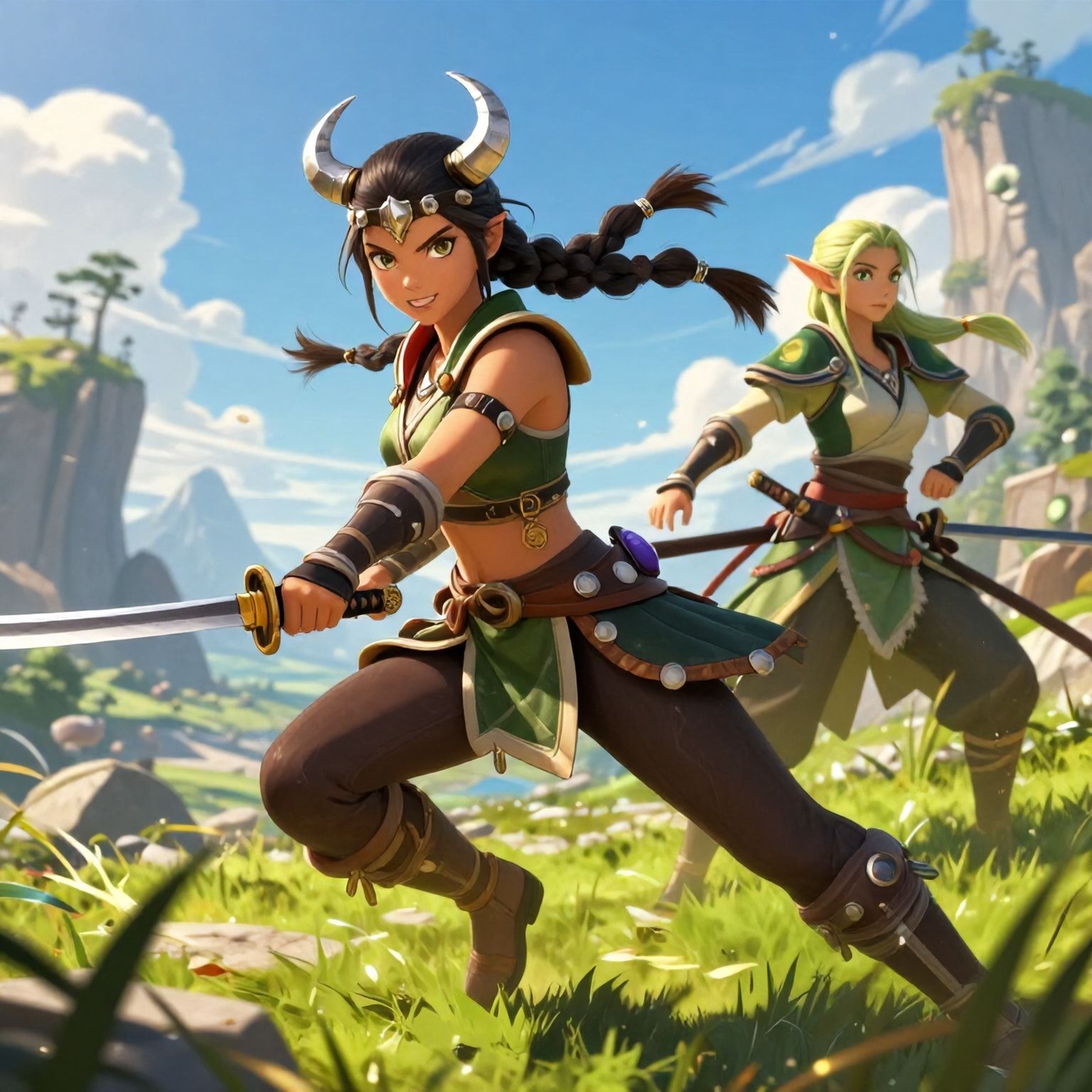 girl viking with girl elf wither landscape warrior samurai katana