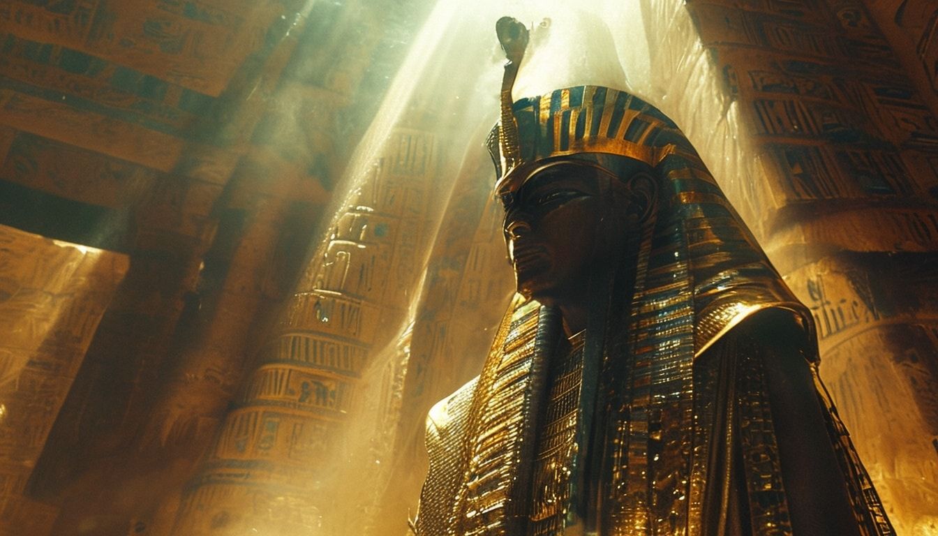 A majestic Egyptian pharaoh, adorned in golden regalia and a towering nemes headdress, stands in contemplation within the grand chamber of an ancient pyramid, bathed in soft, ethereal light filteri...