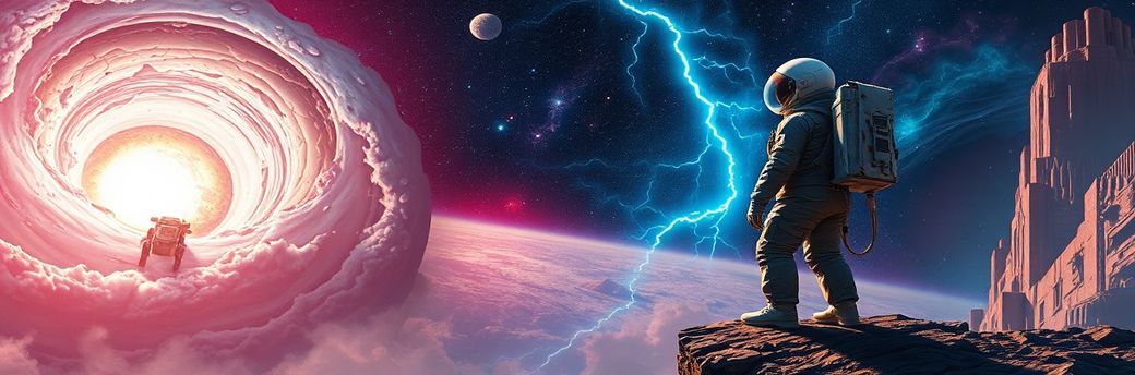 A lone astronaut in a tattered spacesuit stands on the edge of a crumbling alien cliff, gazing at a swirling cosmic storm below, neon-blue lightning illuminating their reflective visor. Hyper-detai...