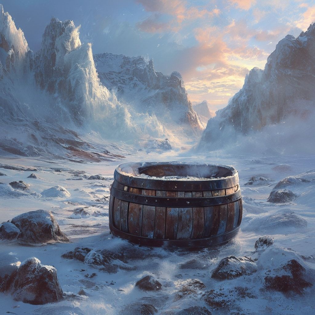 A weathered wooden barrel, half-buried in snow, rests in a vast, windswept valley, its rusted iron bands glinting under the pale glow of a winter dawn. Mist swirls around jagged ice formations, cas...