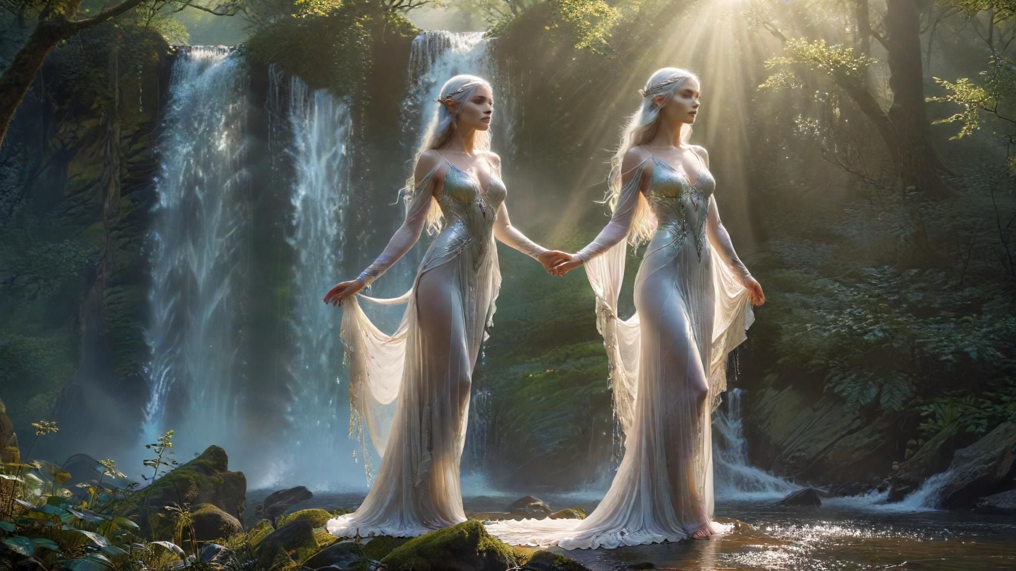 A luminous elven maiden with ethereal silver hair stands poised beside a shimmering waterfall in an enchanted forest glade, her delicate white gown rippling in the mist. Sunlight filters through em...