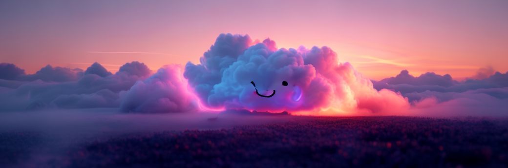 A sleek, futuristic logo of a cloud with a friendly, glowing face emerges from a soft mist, its edges shimmering with iridescent hues. The scene is set in a minimalist digital landscape at twilight...