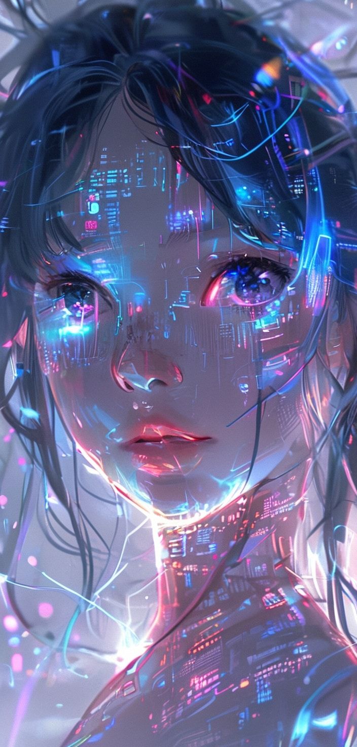 A glowing, ethereal anime girl with neon-blue circuits pulsing through her translucent skin floats in a vast digital void, her oversized kawaii eyes reflecting fractured code. Soft pastel hues blen...