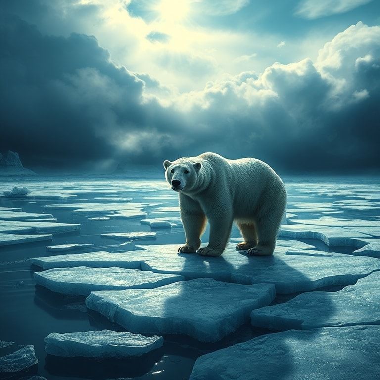 A lone polar bear stands on a fractured ice floe under a stormy Arctic sky, its fur glistening with frost. Dramatic chiaroscuro lighting casts deep shadows, emphasizing its powerful silhouette. The...