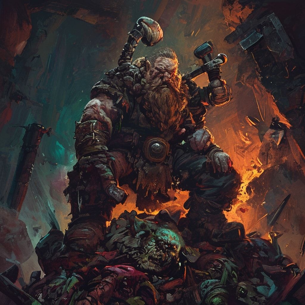 A grizzled, battle-scarred dwarf with a thick braided beard stands triumphantly atop a pile of shattered goblin weapons, his warhammer resting on his shoulder, in a dimly lit underground forge. The...