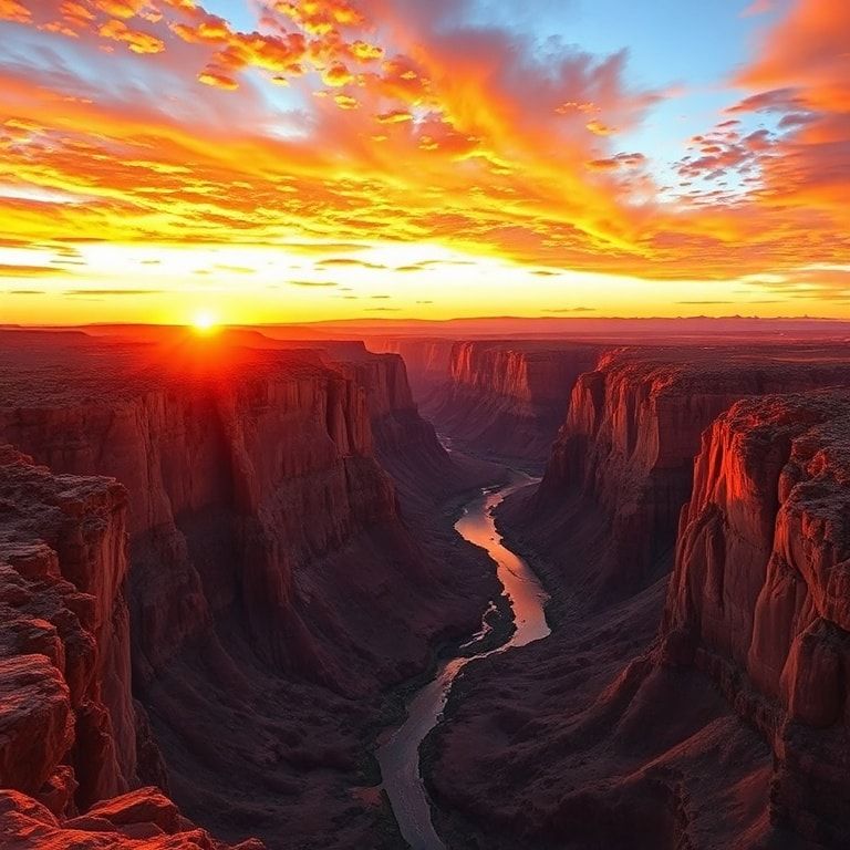 A vast, rugged canyon bathed in the warm, golden glow of a setting sun, its jagged cliffs and winding river illuminated by the soft, diffused light. The sky is a vibrant blend of fiery oranges, dee...