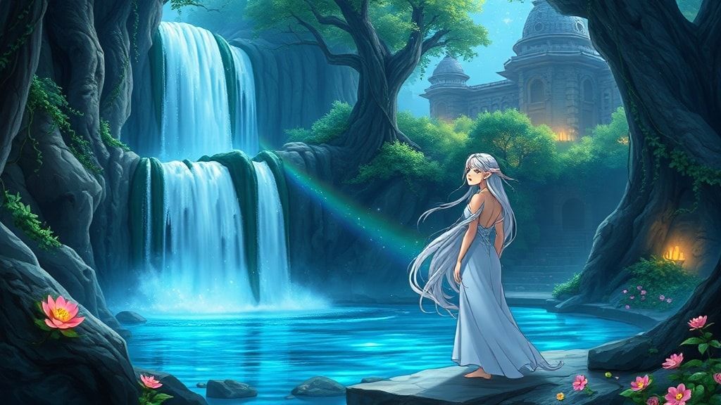 Elven sacred waterfall fantasy landscape, beautiful elven maiden with long flowing silver hair standing gracefully near mystical waterfall in sacred grove, crystal-clear water cascading down ancient rocks, rainbow mist rising from waterfall, ethereal light filtering through ancient trees, glowing flowers surrounding the sacred pool, mystical energy particles floating in air, ancient elven architecture visible in background, ethereal blue and green lighting, magical atmosphere, cinematic composition, cartoon style, anime art style, fantasy art style, peaceful and mystical mood, detailed and atmospheric, mystical glowing vines, dewdrops on leaves, elegant elven woman in flowing white dress, serene expression, ethereal beauty, animated style, vibrant colors, cartoons