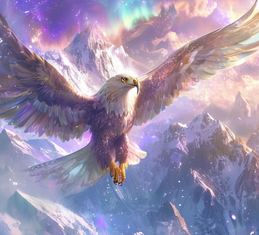 A majestic golden eagle with soft, rounded anime features and oversized, sparkling eyes soars gracefully over snow-capped mountain peaks, its wings glowing with a pastel aurora. The sky is a dreamy...
