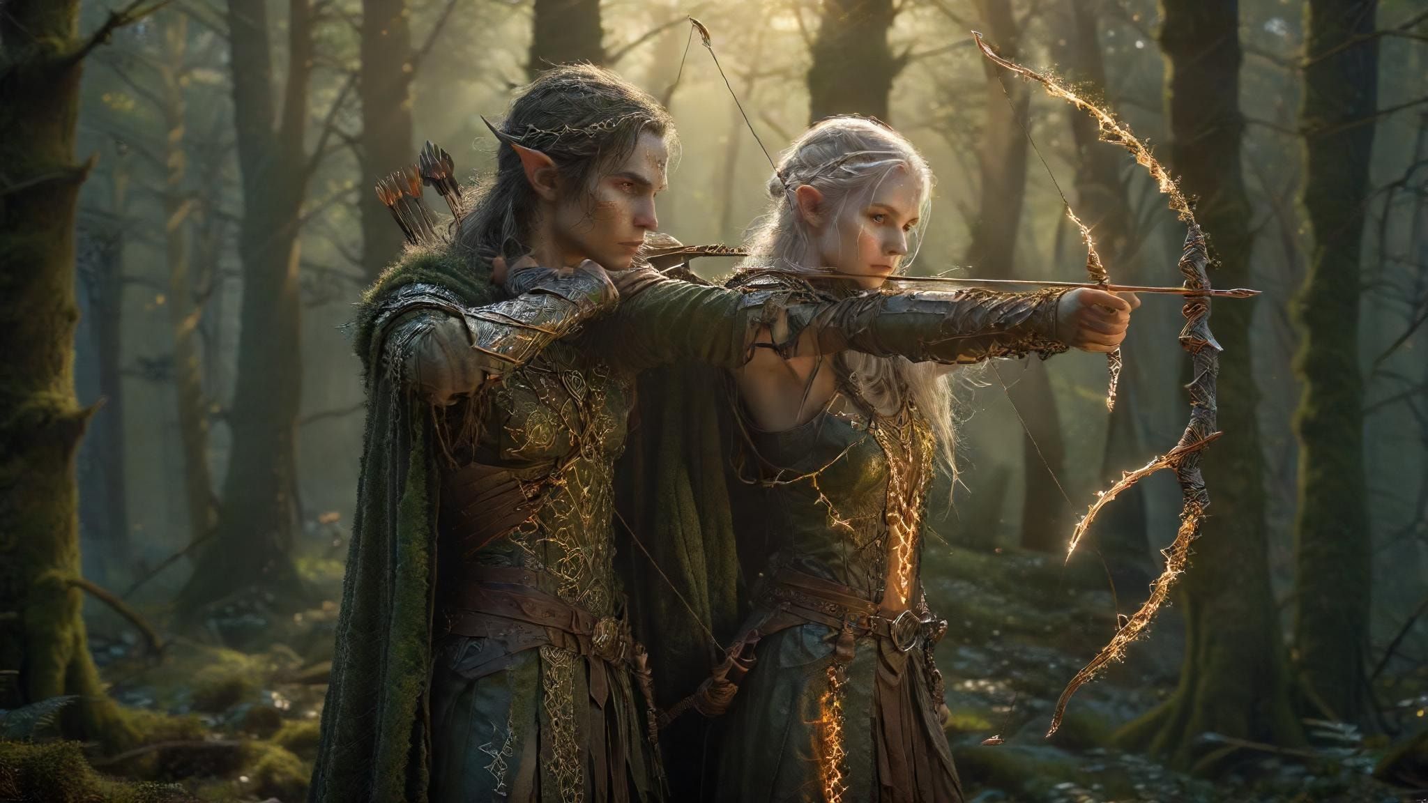 A lone elf archer, clad in moss-woven leather and silver-threaded cloak, draws a glowing runic bow in the heart of an ancient twilight forest, golden shafts of dying sunlight piercing through emera...