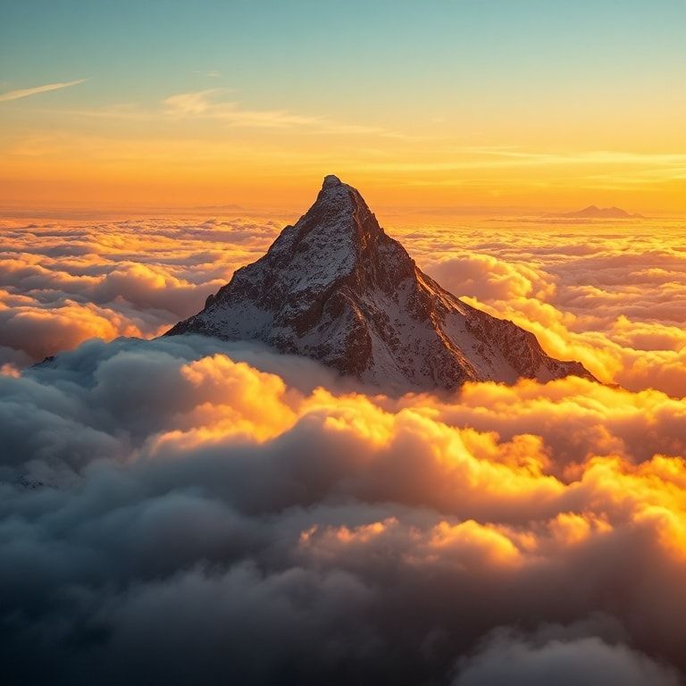 A lone, jagged mountain peak pierces through a sea of swirling golden clouds at sunrise, its snow-capped summit glowing with ethereal alpine light. Hyper-detailed 8K resolution captures the crisp t...
