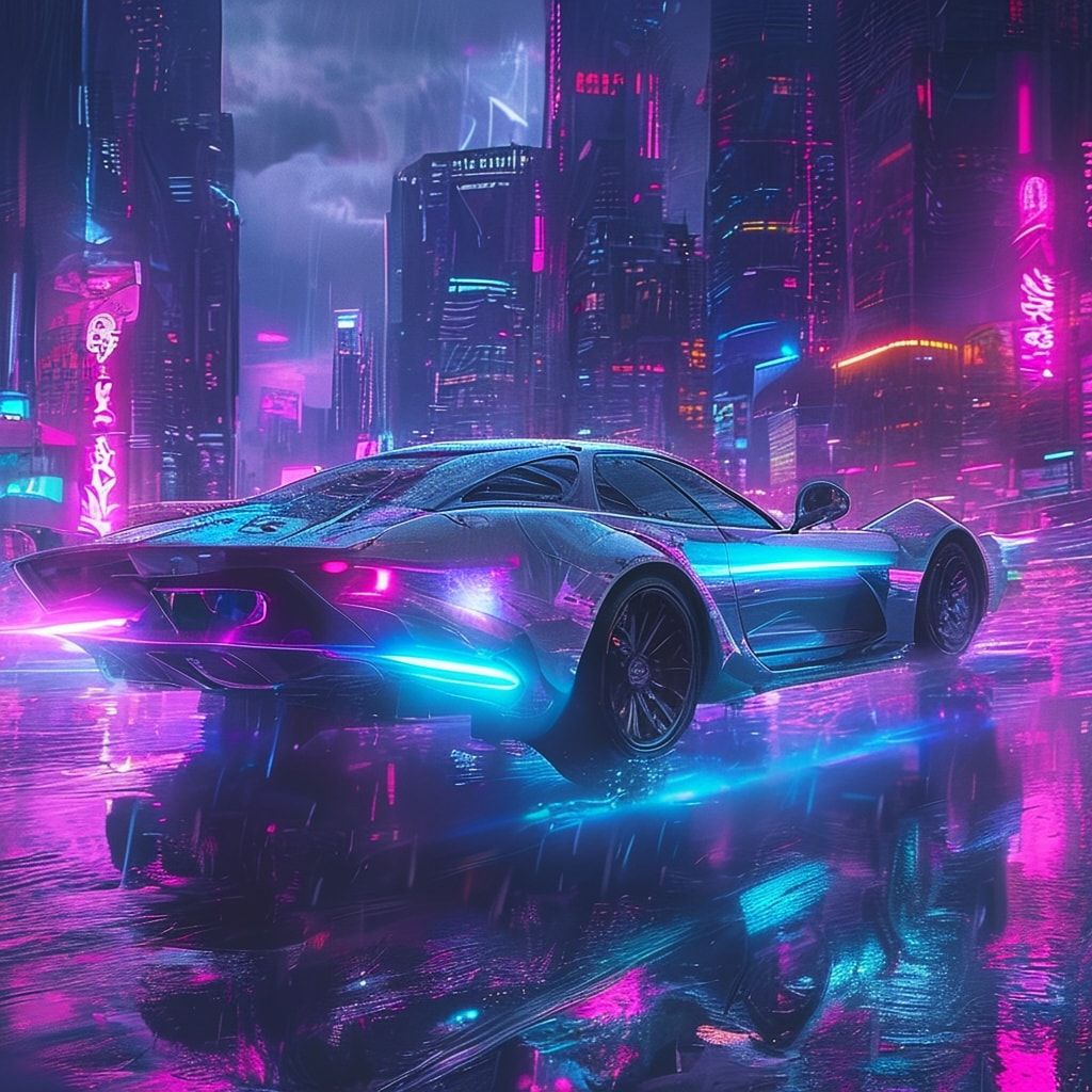 A sleek, silver flying car with glowing blue underlights soars through a rain-soaked neon metropolis at dusk, skyscrapers reflecting vibrant pink and purple hues. Synthwave-inspired, cinematic comp...