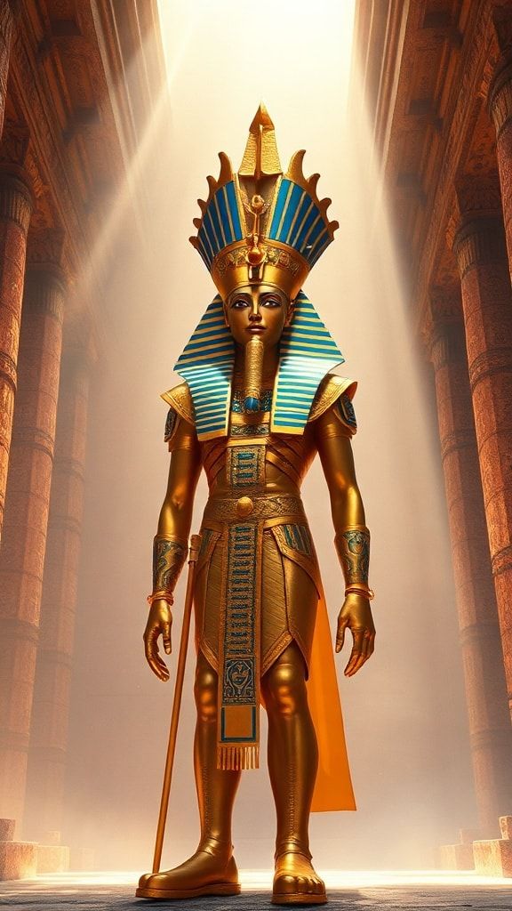 A majestic Egyptian pharaoh, adorned in golden regalia and a towering nemes headdress, stands in contemplation within the grand chamber of an ancient pyramid, bathed in soft, ethereal light filteri...