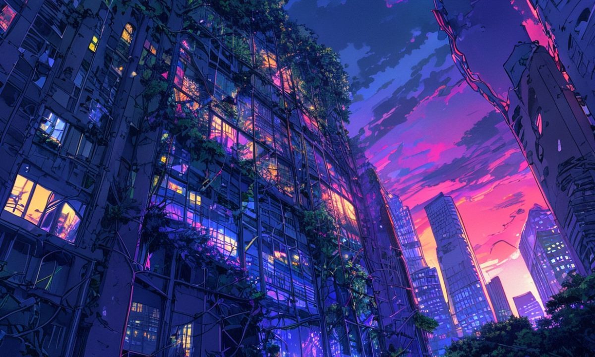 A colossal, overgrown skyscraper dominates the skyline, its shattered windows glowing with surreal neon reflections as twilight bleeds into electric violet. Wild vines erupt from cracked concrete, ...